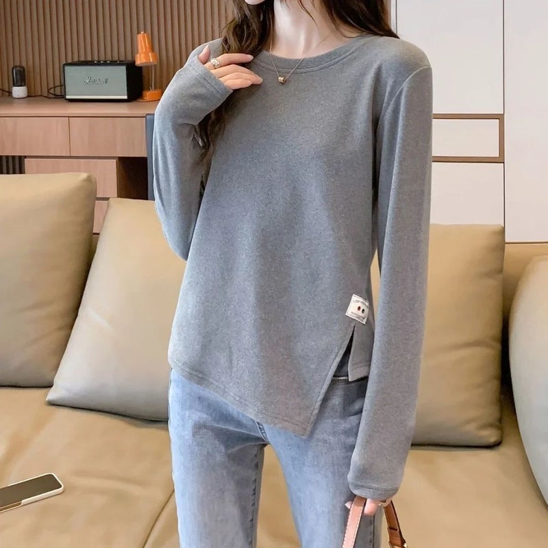 Autumn and Winter New Double-sided Velvet T-shirt Women's Design Sense Warm Top Irregular Slim Split Base Shirt Long Sleeve - Image 5