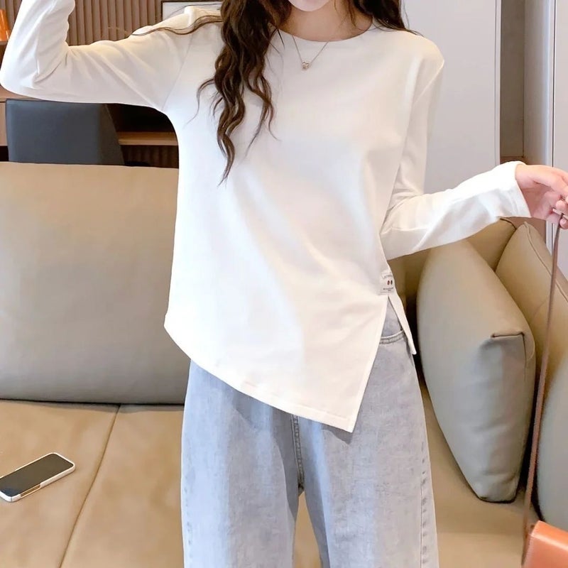 Autumn and Winter New Double-sided Velvet T-shirt Women's Design Sense Warm Top Irregular Slim Split Base Shirt Long Sleeve - Image 4