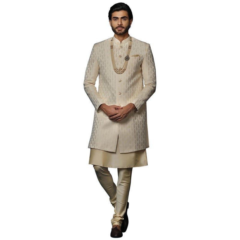 KISAH Mens Sherwani Set with Kurta Churidar Textured Silk Blend Jacquard Regular Fit Indian Wedding Sherwani for Men Festive Wear for Diwali Eid Celebrations Cream 38
