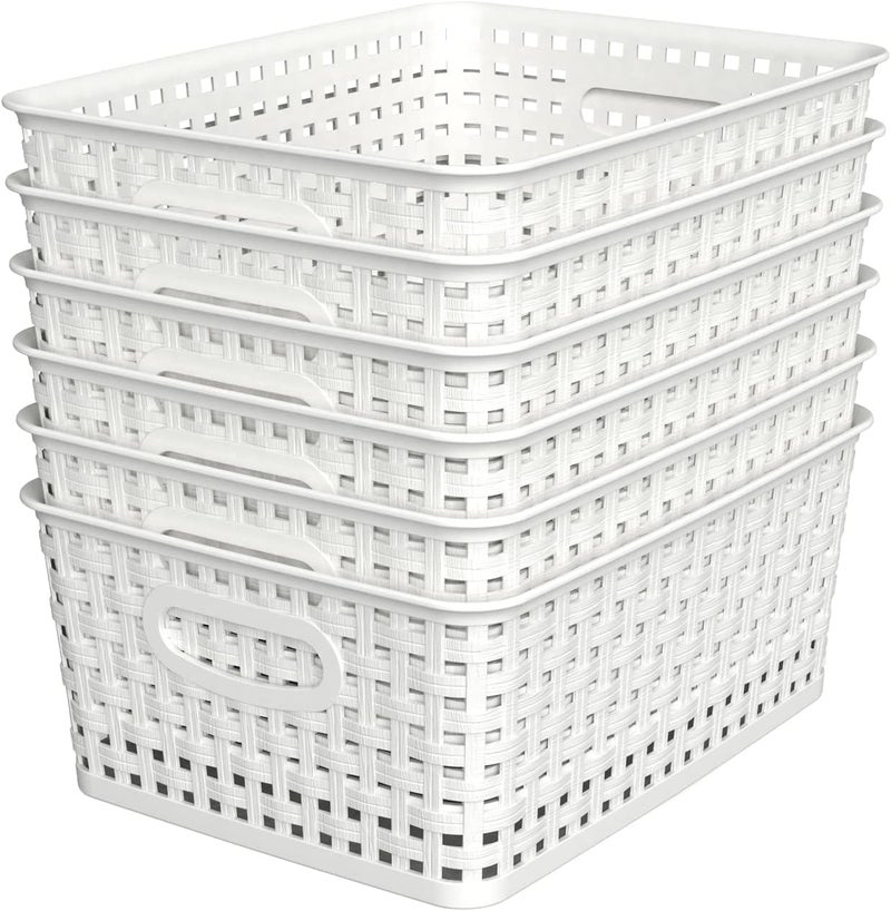 WYT Woven Plastic Storage Baskets, 6 Pack White Weave Bins Organizer, 10.1" x 7.55" x 4.1" - Image 1