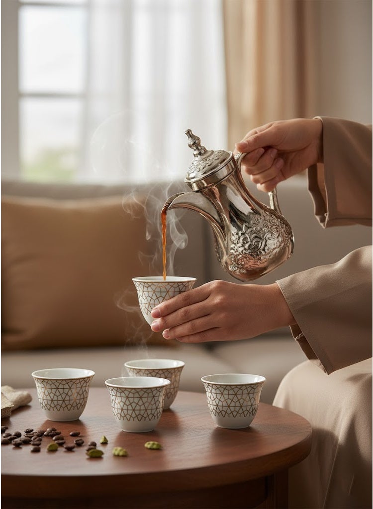 Dove 12-Piece Porcelain Saudi Coffee Cup Set 80ML White/Gold; Set for 12 People - Image 2