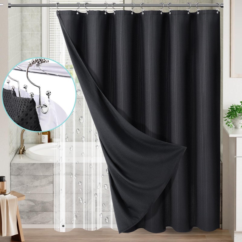 Vipfree 3 in 1 Shower Curtain Set  Waffle Shower Curtain and Liner Set with 12 Double Sided Shower Curtain Hooks  258GSM Luxury Weighted Cloth Shower Curtains for Bathroom  72 W x 72 H  Black - Image 1