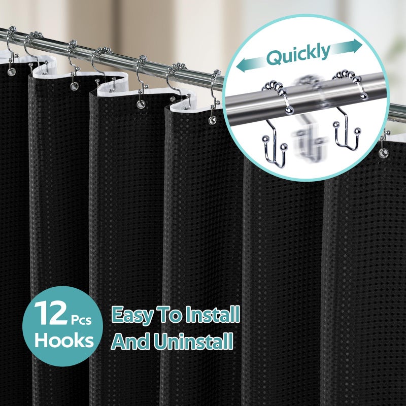 Vipfree 3 in 1 Shower Curtain Set  Waffle Shower Curtain and Liner Set with 12 Double Sided Shower Curtain Hooks  258GSM Luxury Weighted Cloth Shower Curtains for Bathroom  72 W x 72 H  Black - Image 2