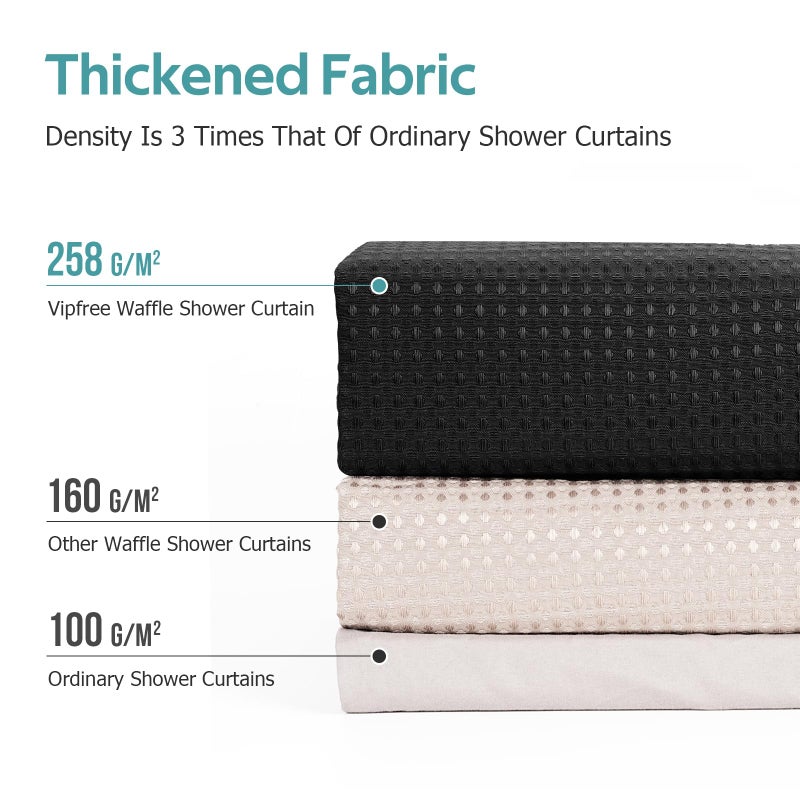 Vipfree 3 in 1 Shower Curtain Set  Waffle Shower Curtain and Liner Set with 12 Double Sided Shower Curtain Hooks  258GSM Luxury Weighted Cloth Shower Curtains for Bathroom  72 W x 72 H  Black - Image 4