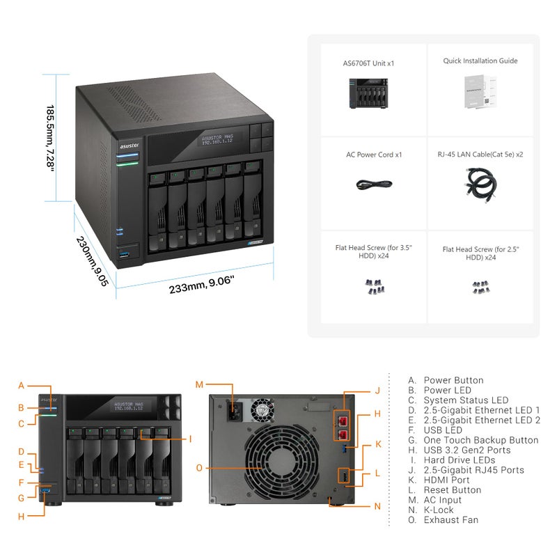 asustor Asustor Lockerstor 6 Gen2 AS6706T - 6 Bay NAS, Quad-Core 2.0 GHz CPU, 4X M.2 NVMe Slots, Dual 2.5GbE, Upgradable to 10GbE, 8GB DDR4 RAM, Content Creation Network Attached Storage (Diskless) - Image 2