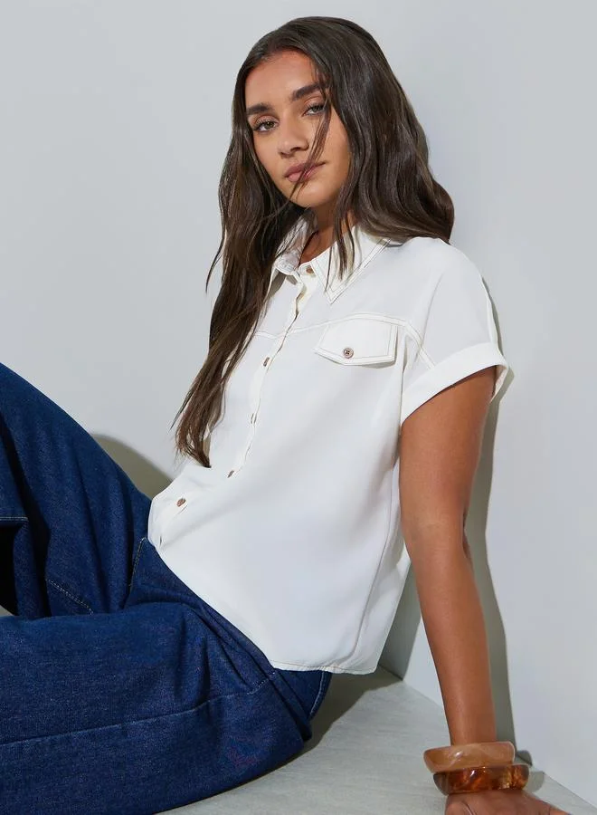 ستايلي Cream Short Sleeve Stitch Detail Shirt