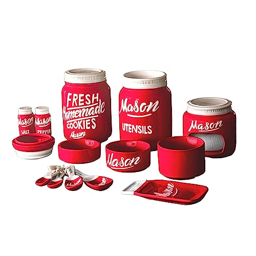 Goodscious Farmhouse Canisters Sets for the Kitchen - Mason Jar Ceramic Kitchen Utensil Holder, Spoon Rest, Cute Cookie Jar, Salt & Pepper Shaker Sets, Sponge Holder, Measuring Cups & Spoons (Red, 17-Pc Bundle) - Image 1