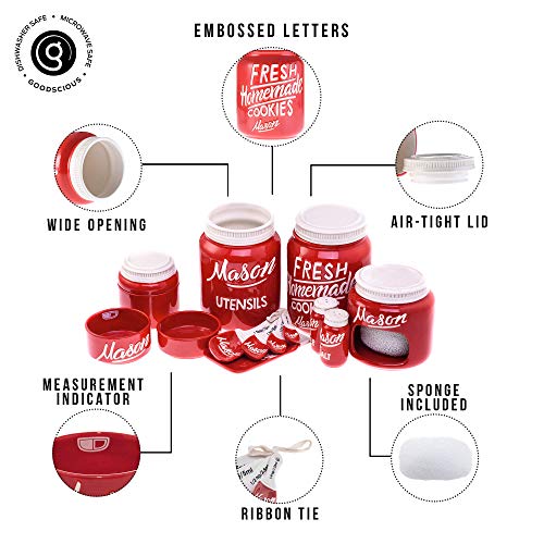 Goodscious Farmhouse Canisters Sets for the Kitchen - Mason Jar Ceramic Kitchen Utensil Holder, Spoon Rest, Cute Cookie Jar, Salt & Pepper Shaker Sets, Sponge Holder, Measuring Cups & Spoons (Red, 17-Pc Bundle) - Image 2