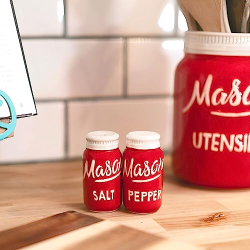 Goodscious Farmhouse Canisters Sets for the Kitchen - Mason Jar Ceramic Kitchen Utensil Holder, Spoon Rest, Cute Cookie Jar, Salt & Pepper Shaker Sets, Sponge Holder, Measuring Cups & Spoons (Red, 17-Pc Bundle) - Image 5