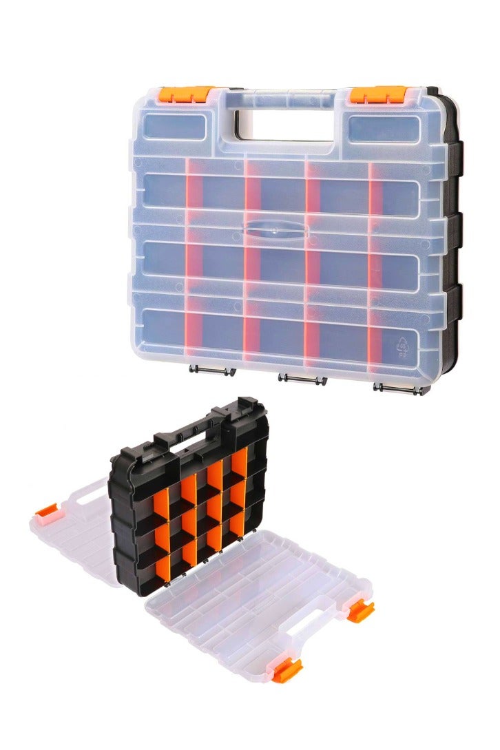Double Side Tool Organizer with Impact Resistant Polymer and Customizable Removable Plastic Dividers, Hardware Box Storage, Excellent for Screws,Nuts,Small Parts, 34-Compartment, Black/Orange - Image 1