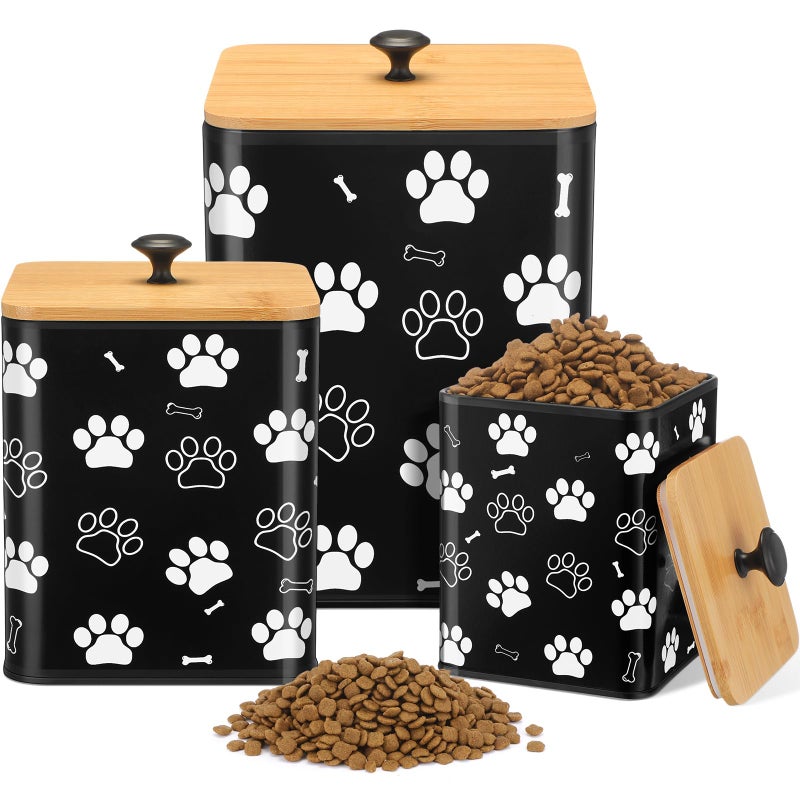 Reallnaive Airtight Dog Treat Container Set of 3 with Bamboo Lids, Metal Countertop Canisters for Dog Treats, Biscuits, Snacks, Decorative Pet Food Storage, Kitchen Counter, Valentine Gift(Black) - Image 1