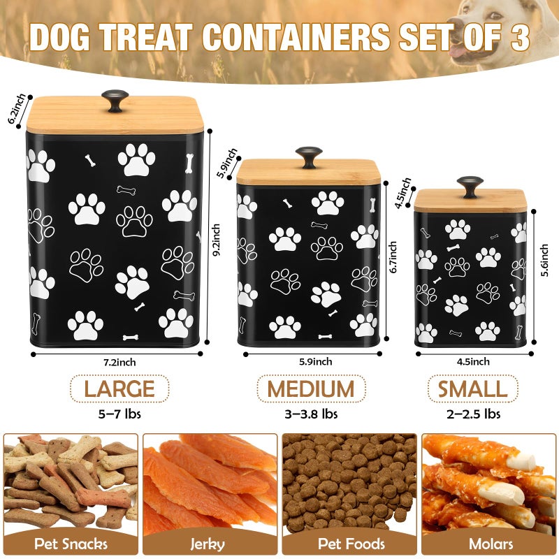 Reallnaive Airtight Dog Treat Container Set of 3 with Bamboo Lids, Metal Countertop Canisters for Dog Treats, Biscuits, Snacks, Decorative Pet Food Storage, Kitchen Counter, Valentine Gift(Black) - Image 2