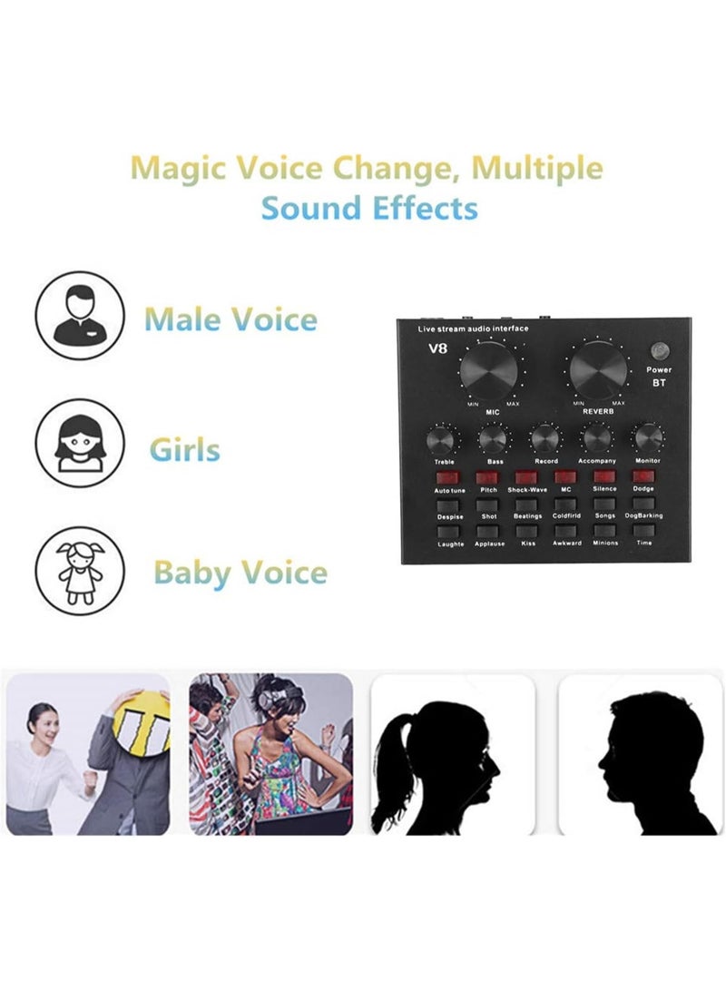 BORTONY V8 Bluetooth 5.0 Audio Mixer DJ Sound Card with 112 Sound Effects & 7 Modes for Live Streaming, Karaoke & PC Recording – Black - Image 2