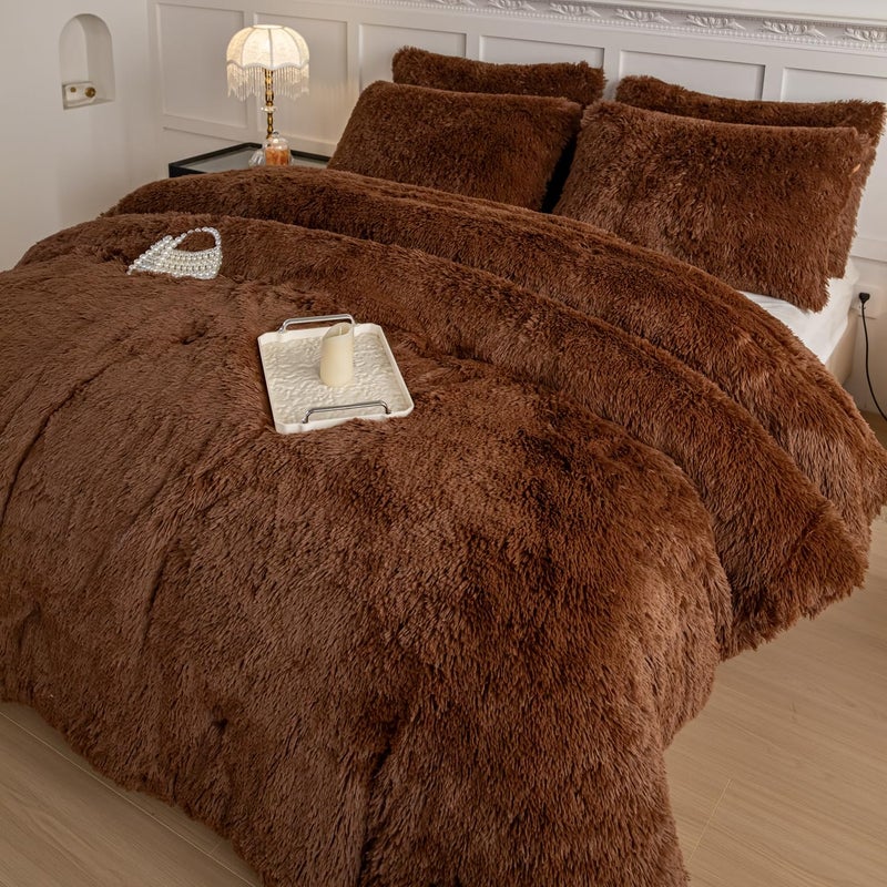 chovy Faux Fur Plush Coffee Comforter Sets King - Ultra Soft Shaggy Flannel Velvet Fluffy Fuzzy 3PC Bedding Set ï¼ˆComforter x 1 Pillowcases x 2ï¼‰ - Image 4
