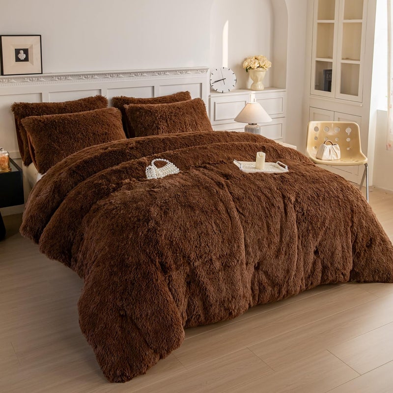 chovy Faux Fur Plush Coffee Comforter Sets King - Ultra Soft Shaggy Flannel Velvet Fluffy Fuzzy 3PC Bedding Set ï¼ˆComforter x 1 Pillowcases x 2ï¼‰ - Image 3
