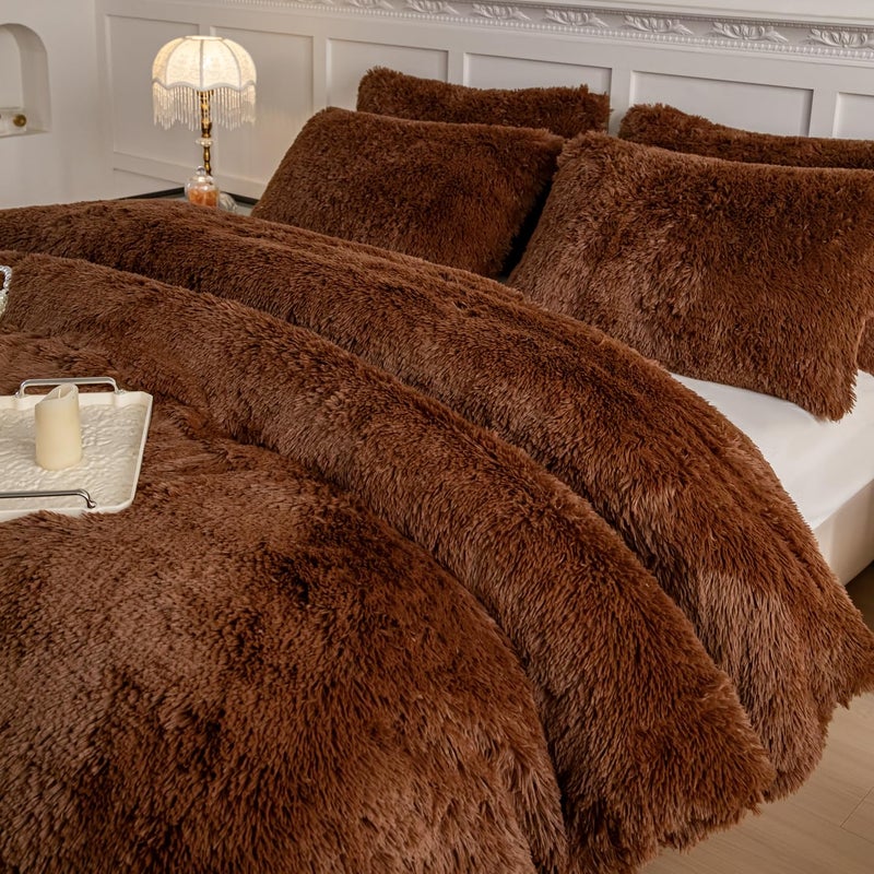 chovy Faux Fur Plush Coffee Comforter Sets King - Ultra Soft Shaggy Flannel Velvet Fluffy Fuzzy 3PC Bedding Set ï¼ˆComforter x 1 Pillowcases x 2ï¼‰ - Image 2