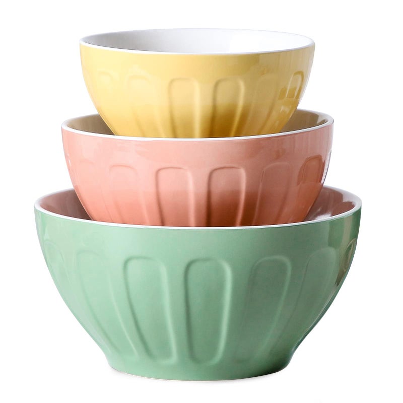 La Reina Lareina Ceramic Mixing Bowls for Kitchen, 3-Piece Large Colorful Serving Bowls, 3.13/1.68/1.18 Qt Deep Microwaveable Nesting Bowl, Stackable and Functional, Ideal Gift  - Image 1