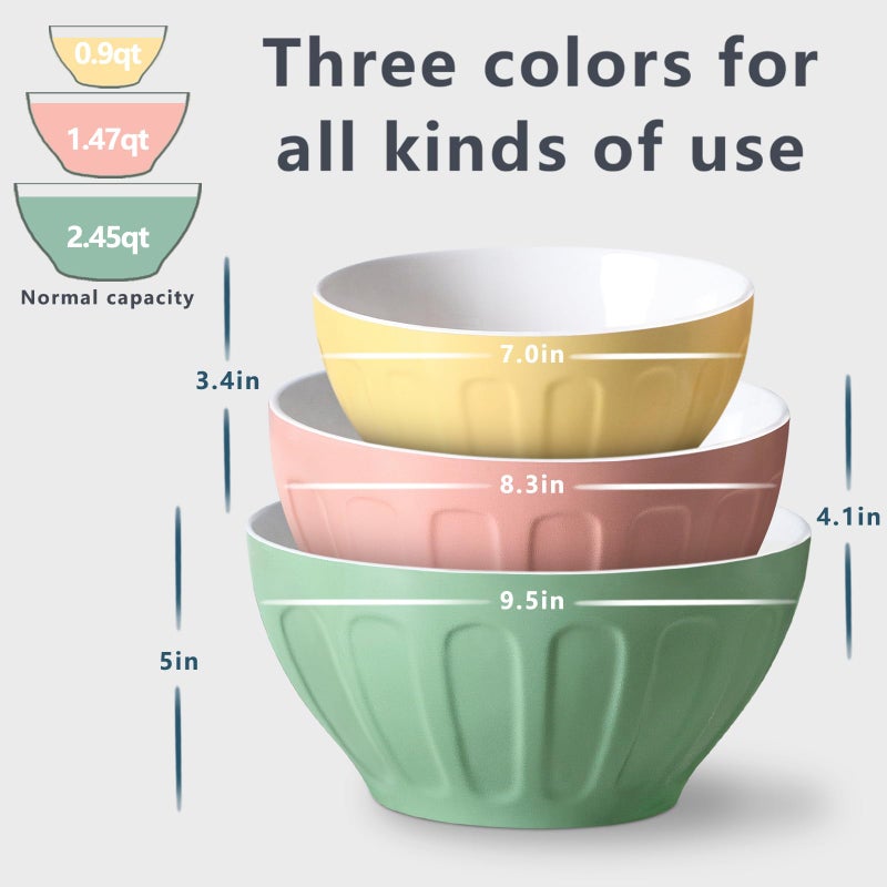 La Reina Lareina Ceramic Mixing Bowls for Kitchen, 3-Piece Large Colorful Serving Bowls, 3.13/1.68/1.18 Qt Deep Microwaveable Nesting Bowl, Stackable and Functional, Ideal Gift  - Image 2