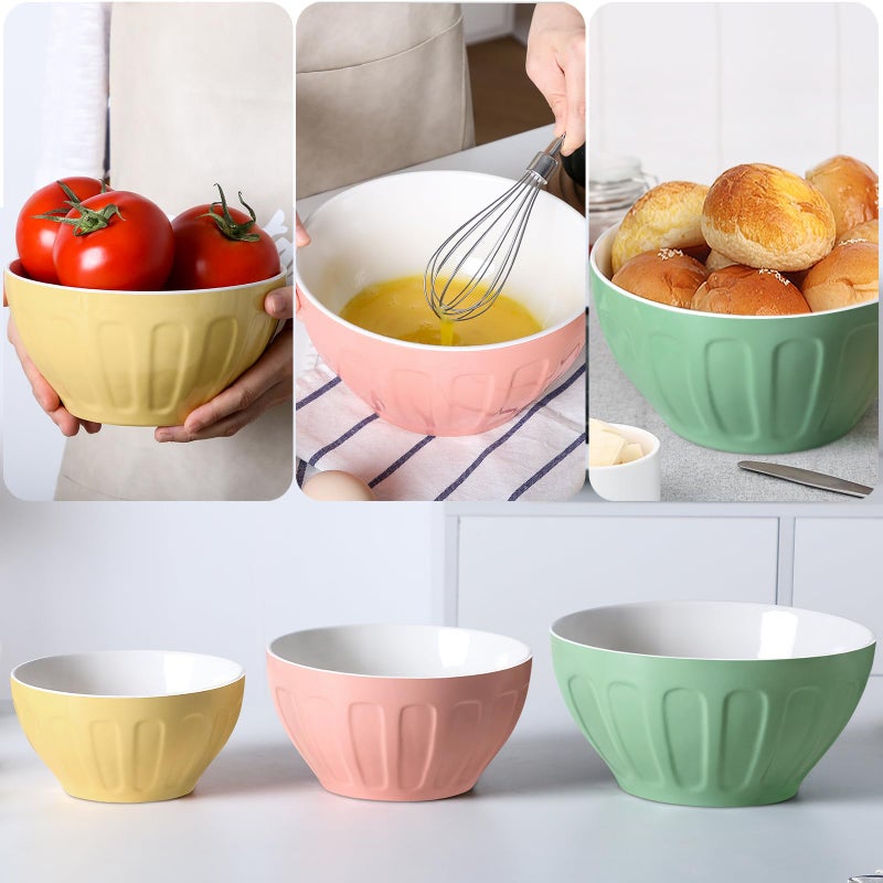 La Reina Lareina Ceramic Mixing Bowls for Kitchen, 3-Piece Large Colorful Serving Bowls, 3.13/1.68/1.18 Qt Deep Microwaveable Nesting Bowl, Stackable and Functional, Ideal Gift  - Image 3