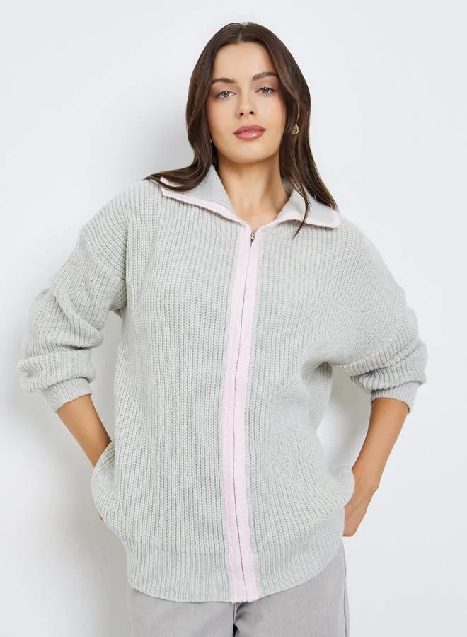 Grey Ribbed Knit Zip-Up Cardigan