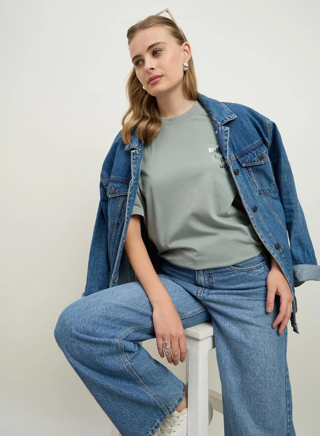 Styli Styli Acid Washed Foil Slogan Print Oversized Longline T-Shirt