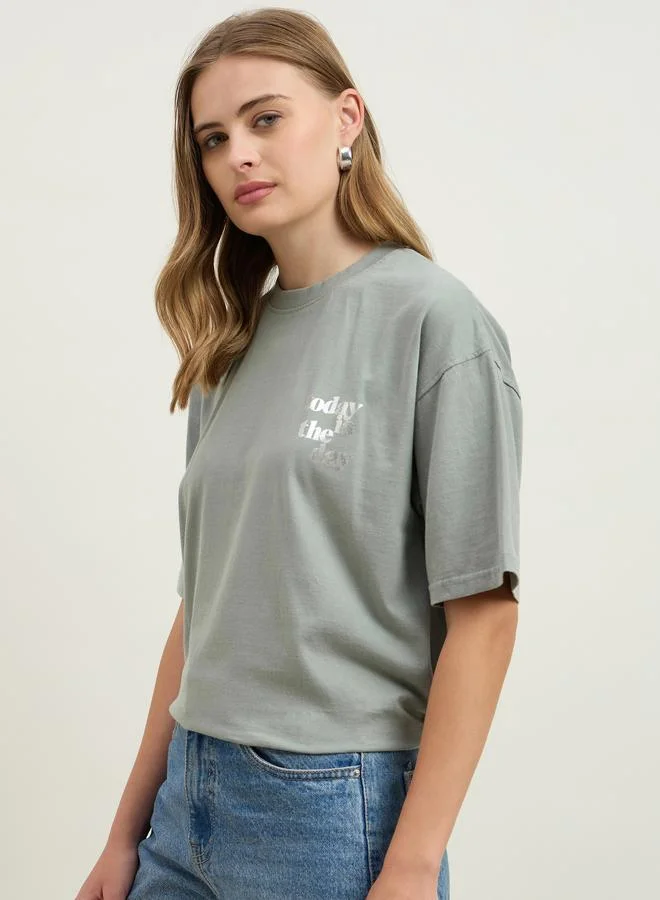 Styli Styli Acid Washed Foil Slogan Print Oversized Longline T-Shirt