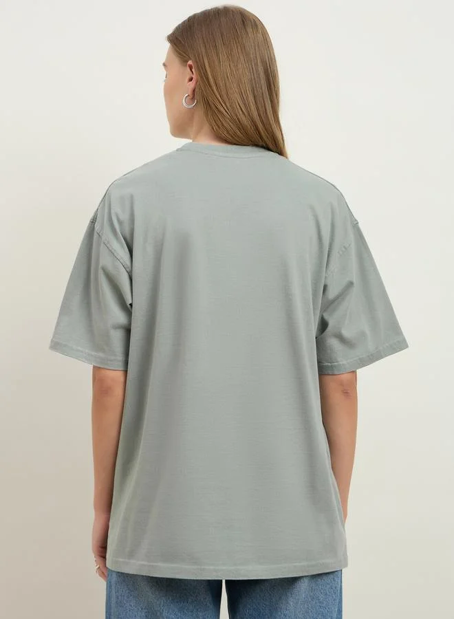 Styli Styli Acid Washed Foil Slogan Print Oversized Longline T-Shirt