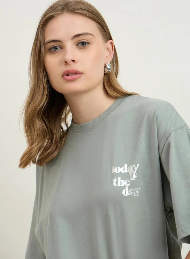 Styli Styli Acid Washed Foil Slogan Print Oversized Longline T-Shirt