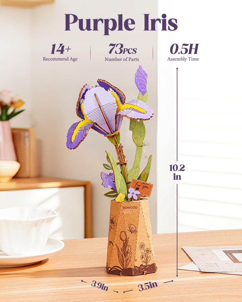 Rowood Purple Iris 3D Puzzles for Adults,Wooden Flower Building Set Craft Kits for Women,Botannical Collection Home Decor,Christmas/Birthday/Mothers Day/Valentine's Day Gift - Image 5