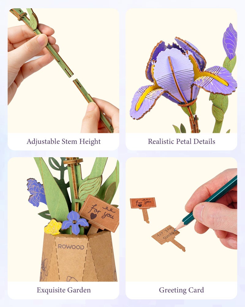 Rowood Purple Iris 3D Puzzles for Adults,Wooden Flower Building Set Craft Kits for Women,Botannical Collection Home Decor,Christmas/Birthday/Mothers Day/Valentine's Day Gift - Image 3