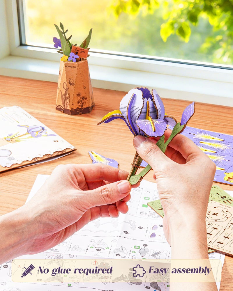 Rowood Purple Iris 3D Puzzles for Adults,Wooden Flower Building Set Craft Kits for Women,Botannical Collection Home Decor,Christmas/Birthday/Mothers Day/Valentine's Day Gift - Image 2