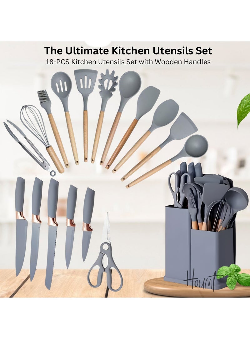 Houmt Silicone Cooking Utensil Set Silicone Kitchen Utensil Set-19 pcs Wooden Handles Utensils Tool for Nonstick Cookware Non Toxic Heat Resistant Kitchen Tools Set - Image 2
