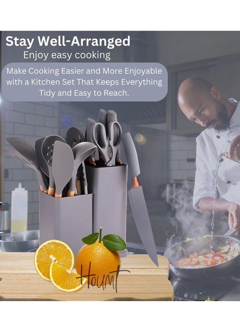 Houmt Silicone Cooking Utensil Set Silicone Kitchen Utensil Set-19 pcs Wooden Handles Utensils Tool for Nonstick Cookware Non Toxic Heat Resistant Kitchen Tools Set - Image 4