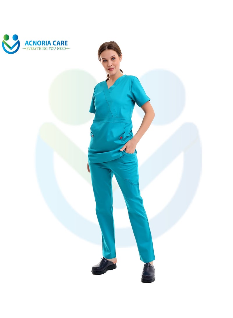 ACNORIA CARE Women's Medical Scrubs Consisting Of Two Pieces A Blouse And Pants 95% Cotton 5% Lycra  Blue Color - Size M - From Acnoria Care - Image 2