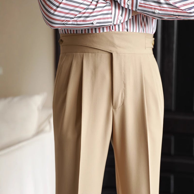 2024 بنطلون بدلة عالي الخصر للرجال خريف أعمال ريترو بقصة مستقيمة بنطلونات كاجوال نابولي بدون كي باللون الأسود - Image 5