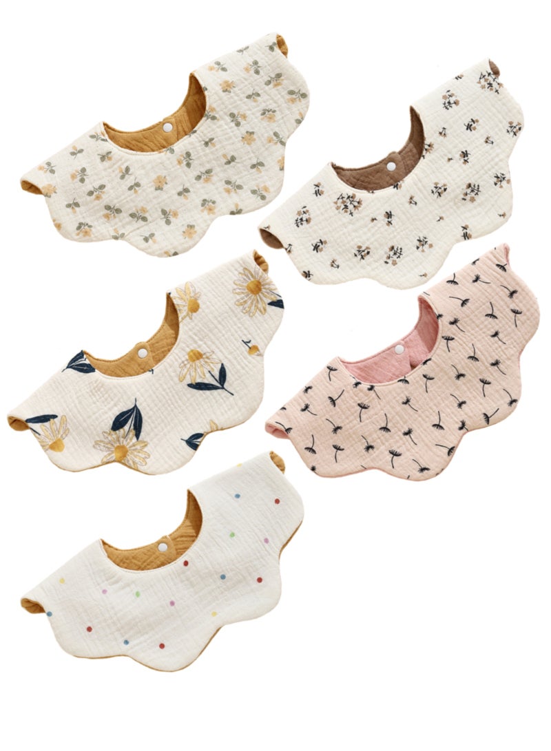 Jourvent 5-Pack Flower Baby Bibs for Girls & Boys - 360° Rotatable Muslin Drool Bibs, Ultra Soft & Absorbent Cotton with Waterproof Layer, Stylish Reversible Bandana Bibs for Teething - Image 1