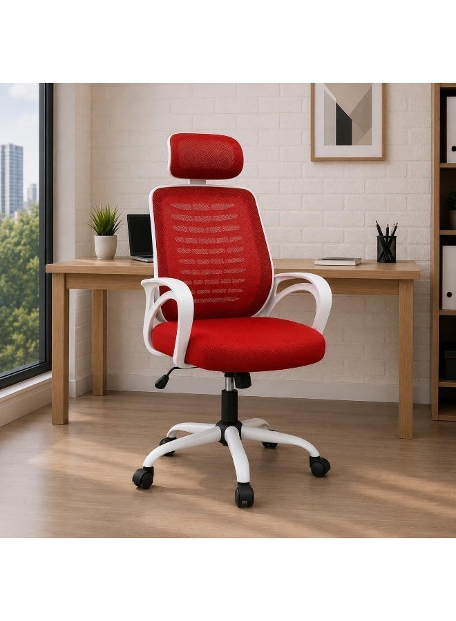 Rama Office Furniture Rama Home Office chair desk chair, Mesh Chair with Headrest Red (With Headrest, Red,white frame) - Image 1