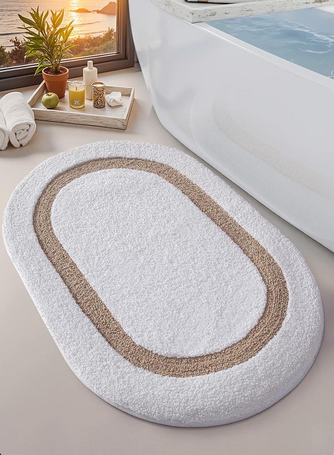 LUMI White Bath Mat Oval Bathroom Rug, 24x36 Non Slip Washable Bathroom Mats, Soft Absorbent Bath Rugs with Quick Dry Microfiber for Shower Floor, White and Beige - Image 1