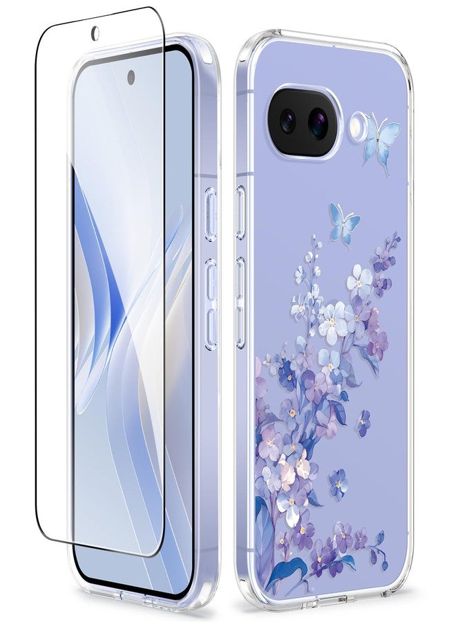 GVIEWIN for Google Pixel 9a Case, [Screen Protector] [Military Grade Protection] Clear Floral Slim Shockproof Protective Women Phone Case Cover for Pixel 9a (Syringa/Purple) - Image 1