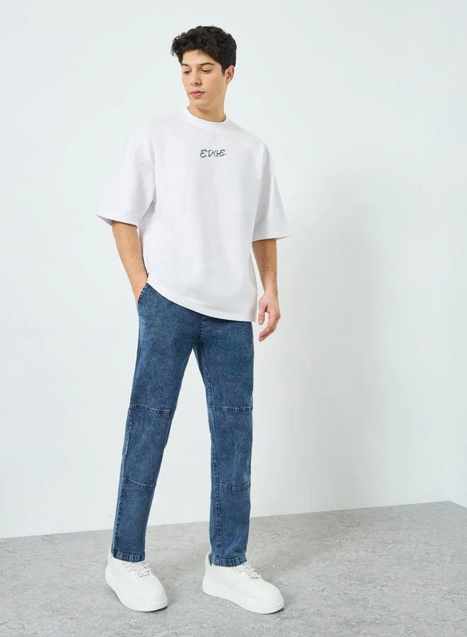 Styli Men Washed Chambray Trousers with Cut and Sew Detail