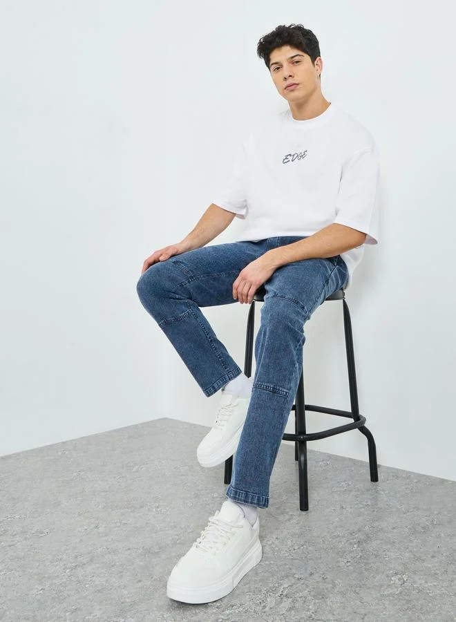 Styli Men Washed Chambray Trousers with Cut and Sew Detail