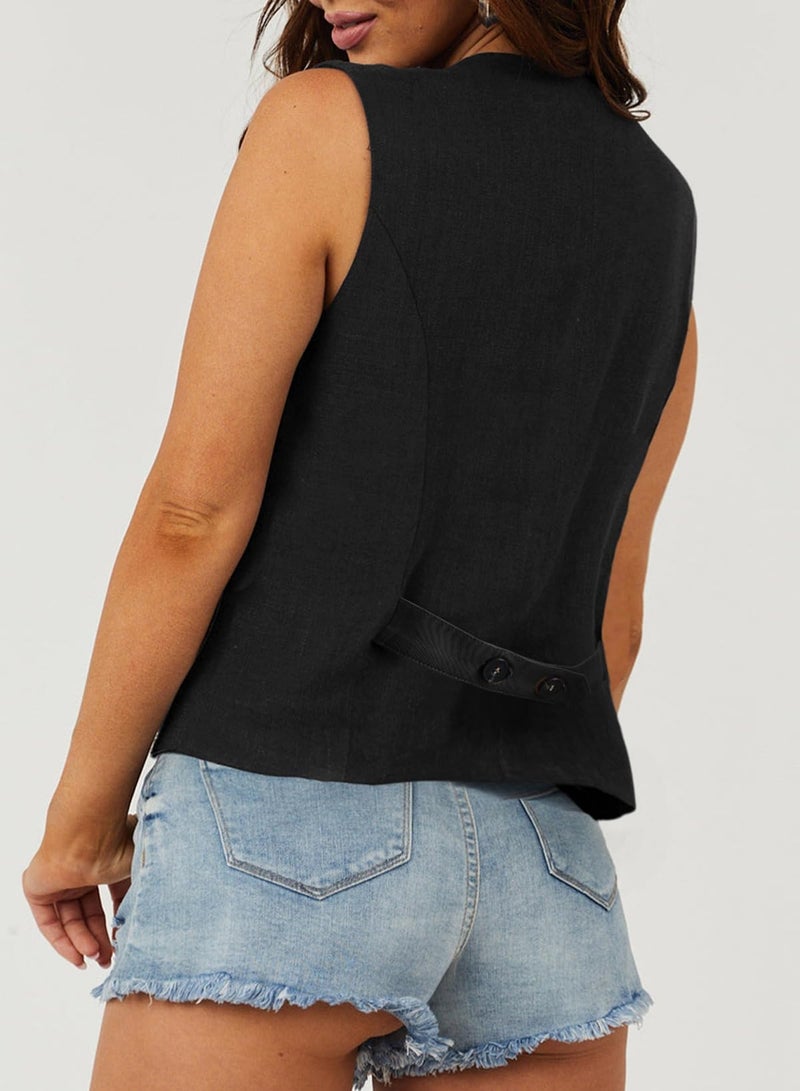 Dokotoo Women's Fashion Dressy Vest V Neck Buttons Side Pockets Business Casual Vests Versatile Outerwear Suit Waistcoats Black Large - Image 2