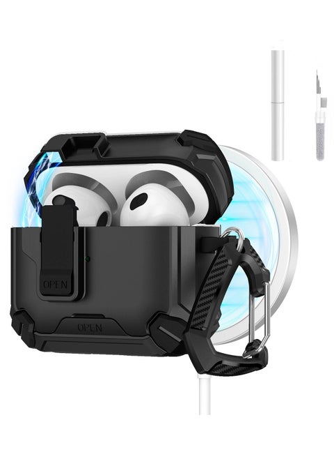 Airpods 3 2021 Case Cover, AirPods 3rd Generation Case with Cleaning Kit, Hard Shell Rugged Shockproof Cover with Keychain Compatible with Apple Airpods 3rd Generation 2021, Black