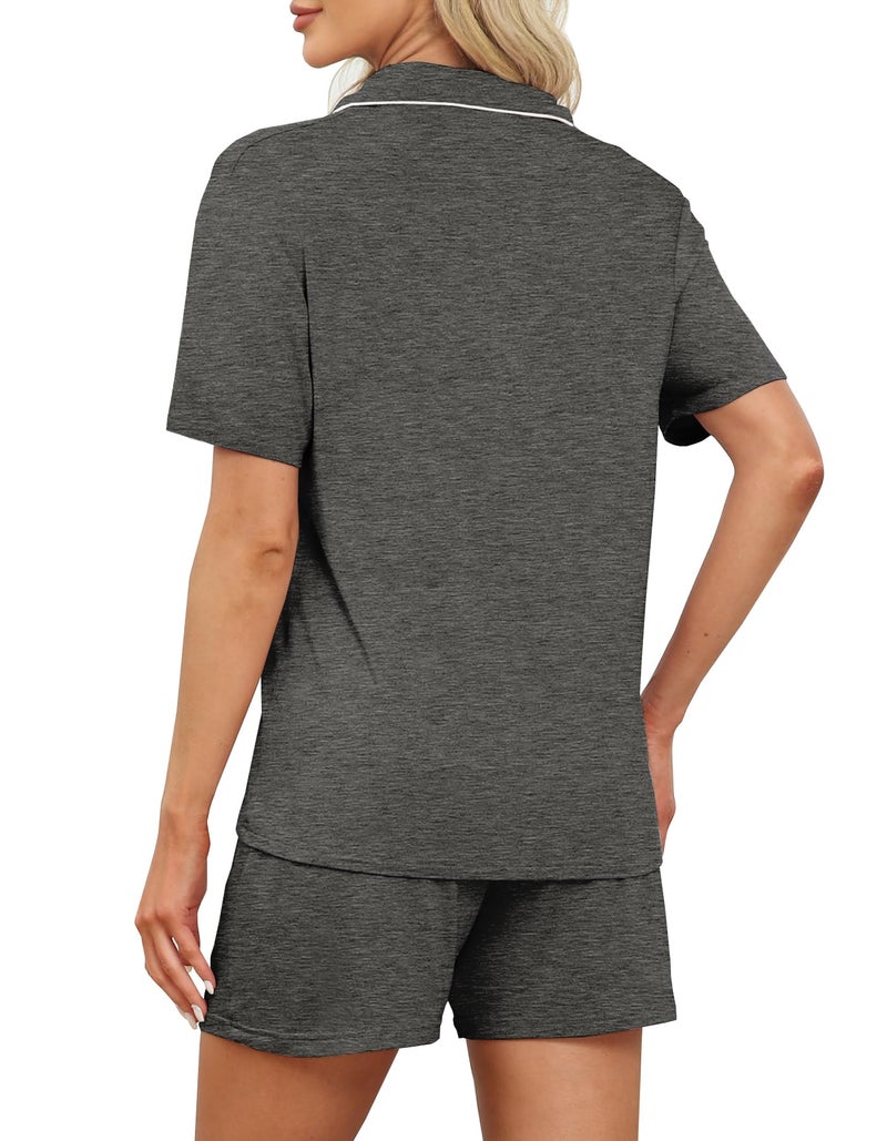 YOPUGEE Matching Pajamas for Couples Women & Men Modal Button Down Short Sleeve Sleepwear Pjs 2 Piece Loungewear S-XXXL Dark Grey - Image 3
