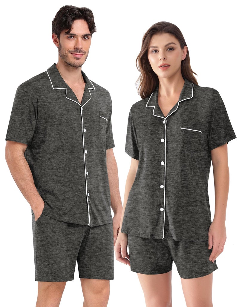 YOPUGEE Matching Pajamas for Couples Women & Men Modal Button Down Short Sleeve Sleepwear Pjs 2 Piece Loungewear S-XXXL Dark Grey - Image 1