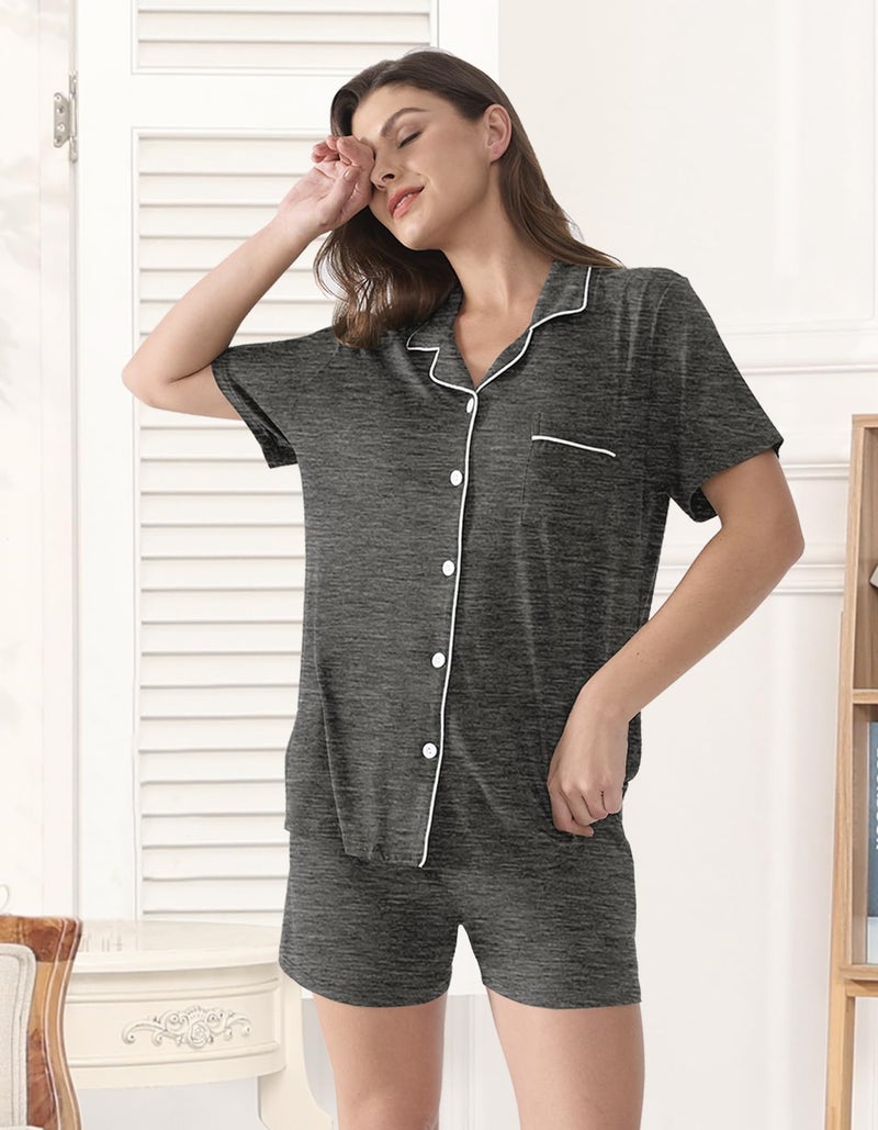 YOPUGEE Matching Pajamas for Couples Women & Men Modal Button Down Short Sleeve Sleepwear Pjs 2 Piece Loungewear S-XXXL Dark Grey - Image 5