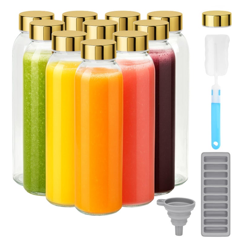 Zukro Glass Water Bottles with Gold Lids 18 oz, Reusable Clear Glass Juice Bottles Stainless Steel Airtight Cap for Juicing, 100% Leak Proof Juice Drinking Jar for Refrigerator, BPA Free, Set of 10 - Image 1