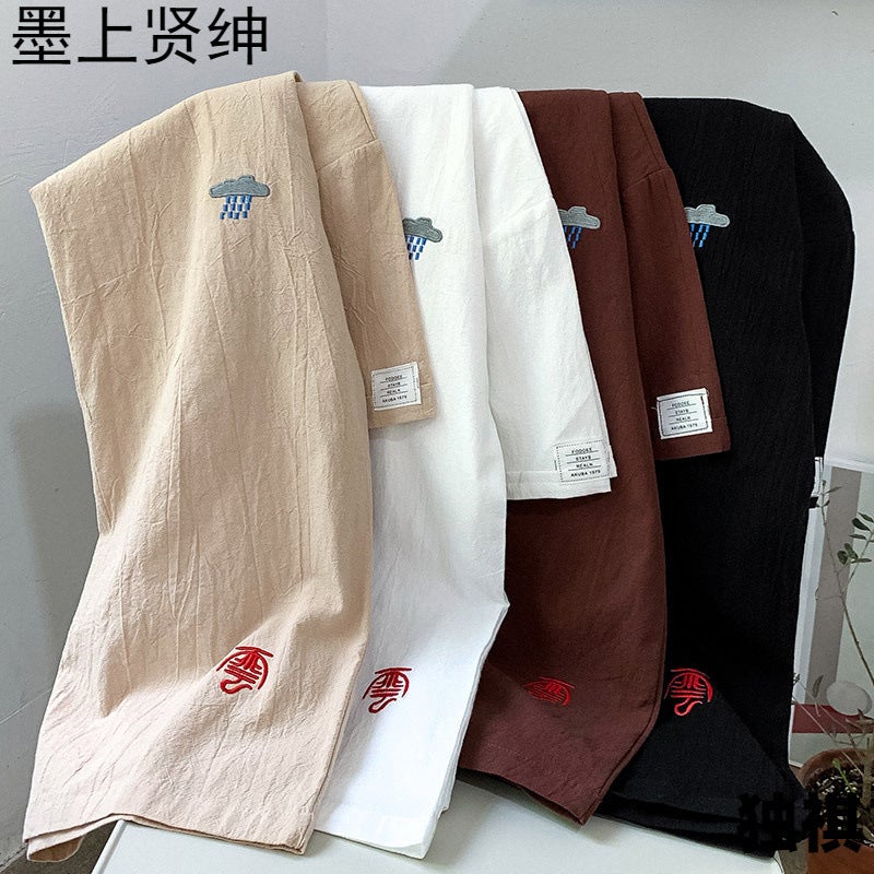 Linen Short-Sleeved T-Shirt Men'S Summer Loose Cotton And Linen Men'S Top Koi Embroidered Plus Size Men'S Half-Sleeved T-Shirt - Image 2