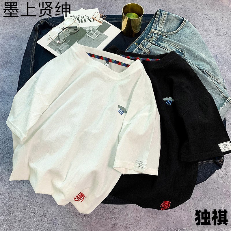 Linen Short-Sleeved T-Shirt Men'S Summer Loose Cotton And Linen Men'S Top Koi Embroidered Plus Size Men'S Half-Sleeved T-Shirt - Image 3