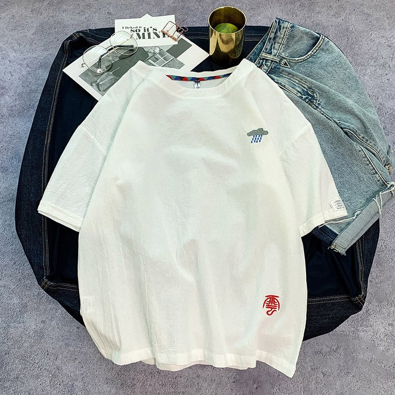 Linen Short-Sleeved T-Shirt Men'S Summer Loose Cotton And Linen Men'S Top Koi Embroidered Plus Size Men'S Half-Sleeved T-Shirt - Image 1